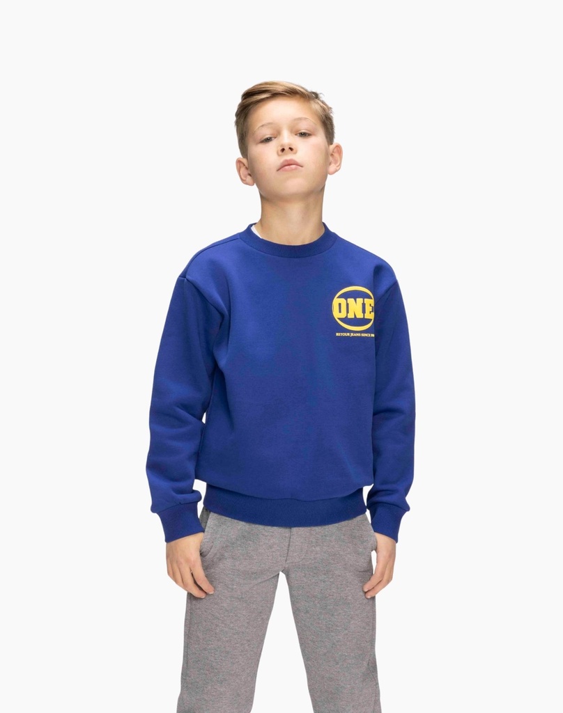 RETOUR I Blauwe Sweater 'KELTO' Gele Tekst