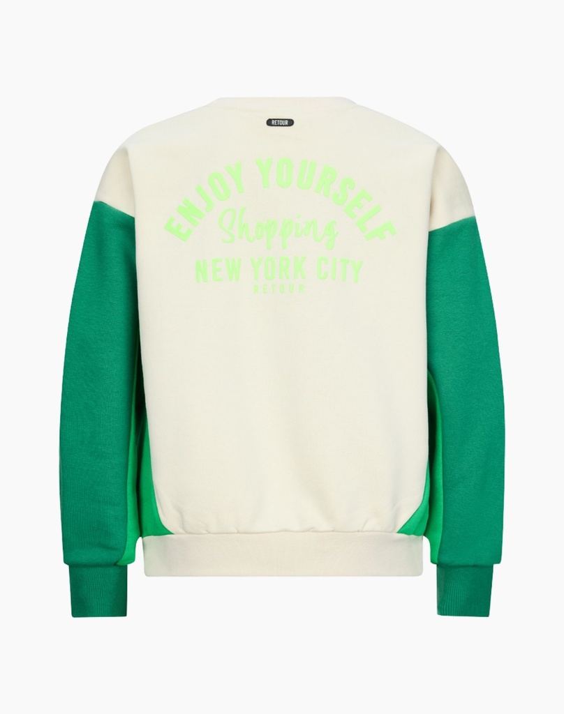 Crèmekleurige Sweater met Groene Mouwen en NYC-Print 