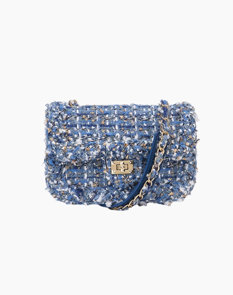 Sac À Épaule En Tweed Bleu Avec Chaîne Dorée
